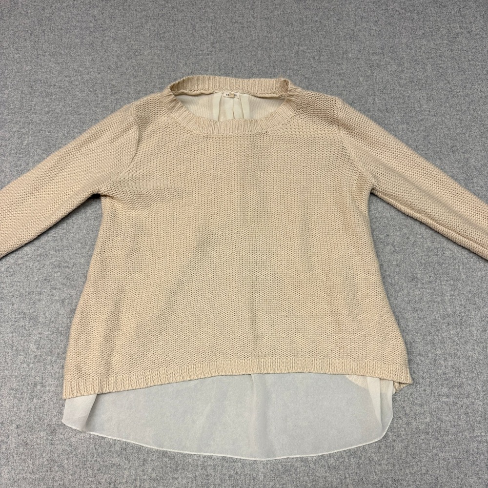 En Crème | Sweater Top | Small | Beige | Button Back Sheer High Low Hem EW30062E